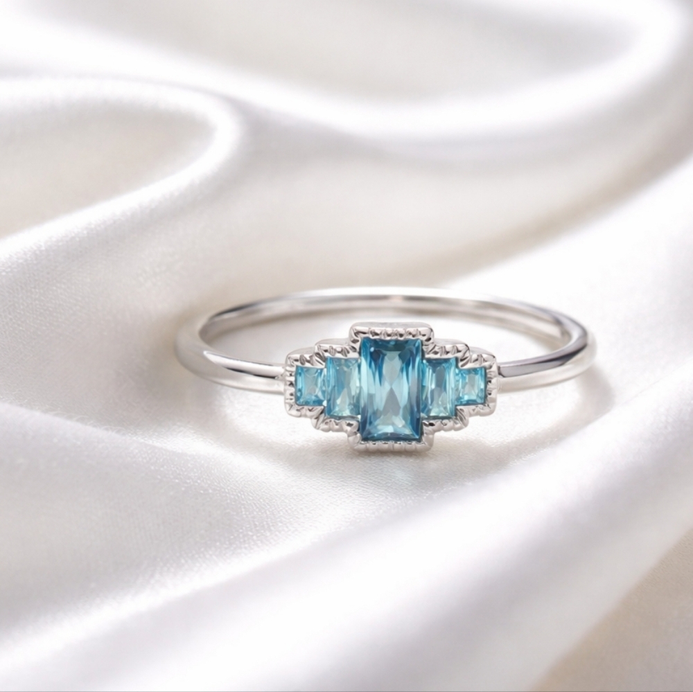 925 Sterling Silver Radiant Cut Blue Topaz CZ Ring